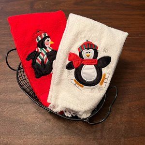 Christmas hand towel set of 2 embroidered design with black basket